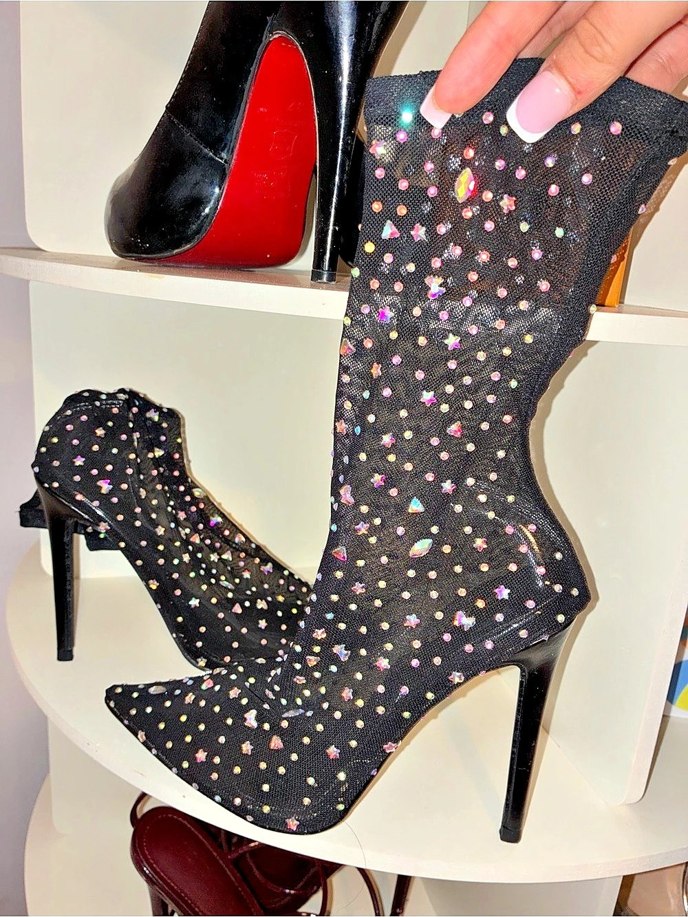Rhinestone Stiletto Sheer Boots in Black Wore Once
